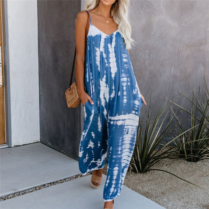 Women Sleeveless Tie-dye Beach Boho Casual Jumpsuit