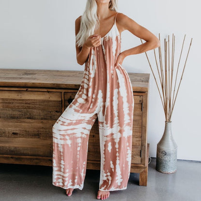 Women Sleeveless Tie-dye Beach Boho Casual Jumpsuit