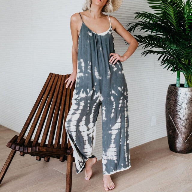 Women Sleeveless Tie-dye Beach Boho Casual Jumpsuit