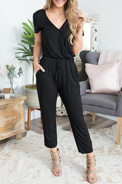 Women Short Sleeve V-neck Lace Up Decor Jumpsuit