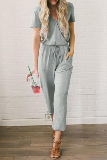 Women Short Sleeve V-neck Lace Up Decor Jumpsuit