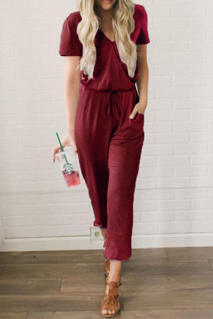 Women Short Sleeve V-neck Lace Up Decor Jumpsuit