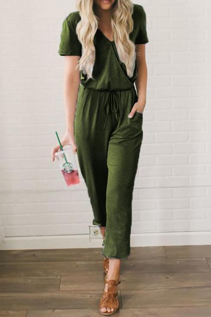 Women Short Sleeve V-neck Lace Up Decor Jumpsuit