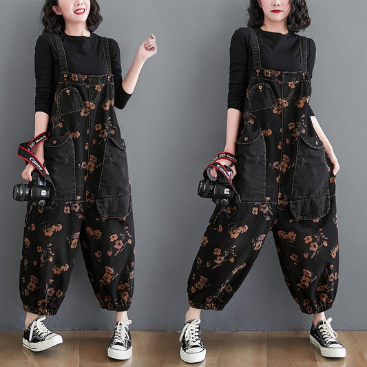 Women Casual Loose Jeans Black Jumpsuit