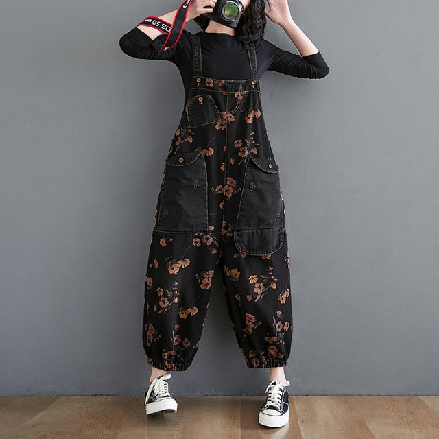 Women Casual Loose Jeans Black Jumpsuit