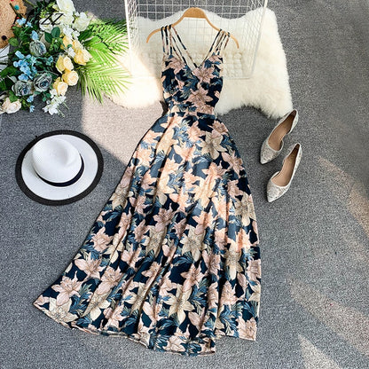 V-neck Backless Floral Print Long  Summer Dress For Women