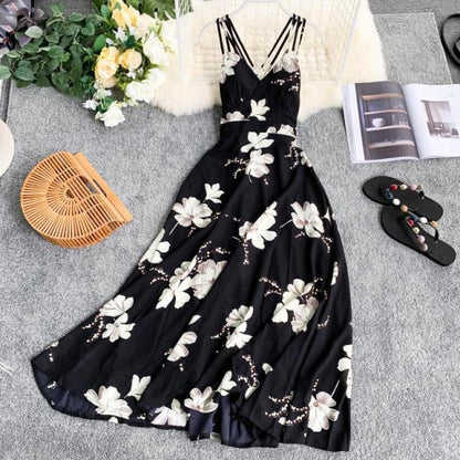 V-neck Backless Floral Print Long  Summer Dress For Women