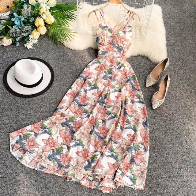 V-neck Backless Floral Print Long  Summer Dress For Women