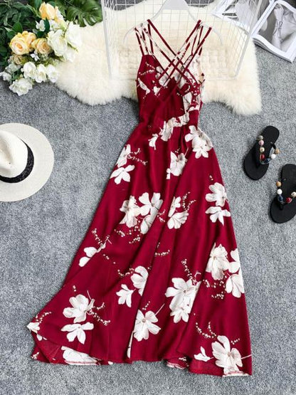 V-neck Backless Floral Print Long  Summer Dress For Women