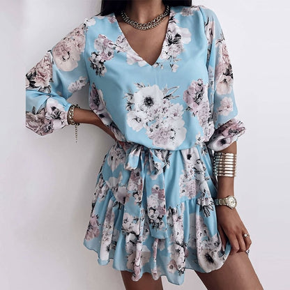 Chiffon V Neck Flower Print  Long Sleeve Short Dress For Women