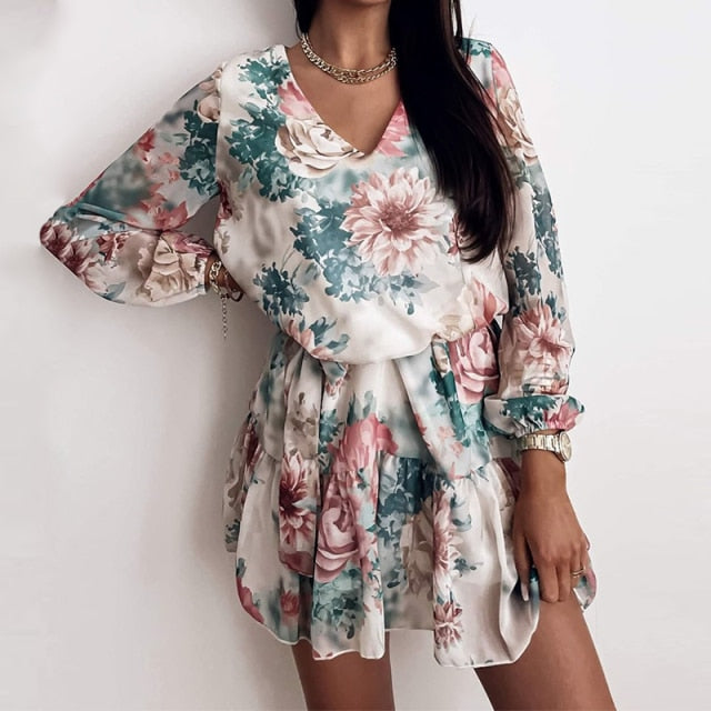 Chiffon V Neck Flower Print  Long Sleeve Short Dress For Women