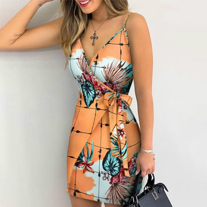 V-neck Floral Leaves Print Spaghetti Strap Summer Beach Dress For Women