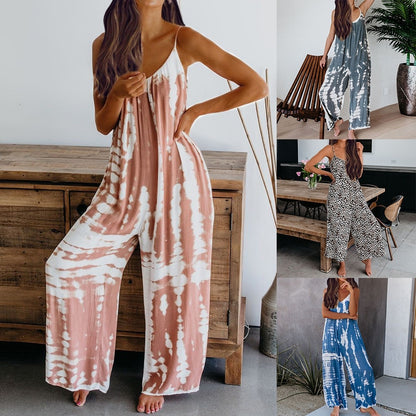 Women Sleeveless Tie-dye Beach Boho Casual Jumpsuit