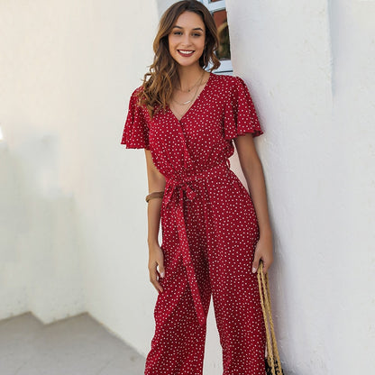 Women Casual Summer Red Dot Print Ruffle Beach Romper