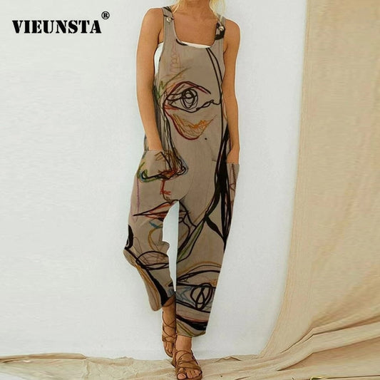 Retro Abstract Pattern Printed Cotton Jumpsuit For Women