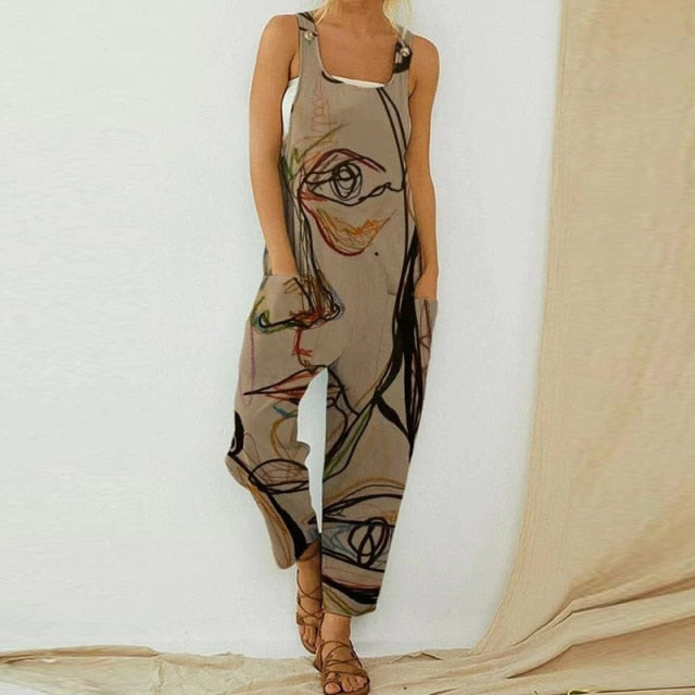 Retro Abstract Pattern Printed Cotton Jumpsuit For Women