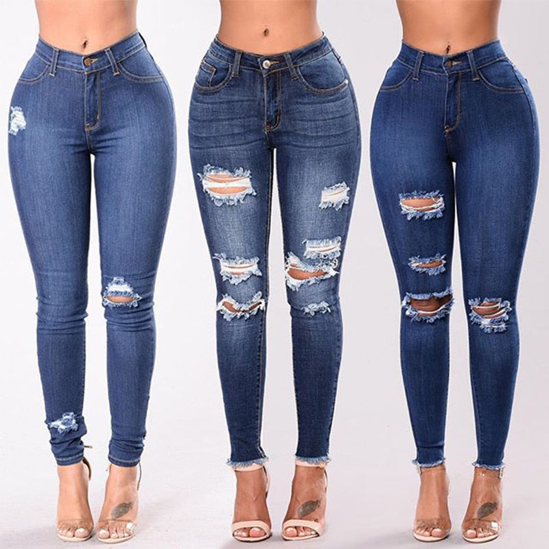 High Waist Ripped  Skinny Pencil Jeans