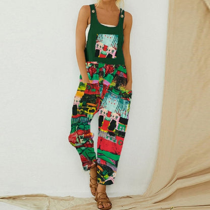 Retro Abstract Pattern Printed Cotton Jumpsuit For Women