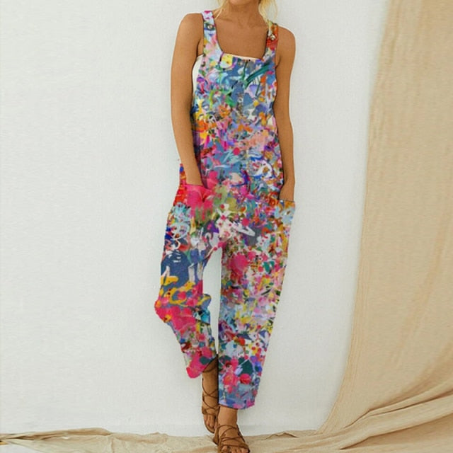 Retro Abstract Pattern Printed Cotton Jumpsuit For Women