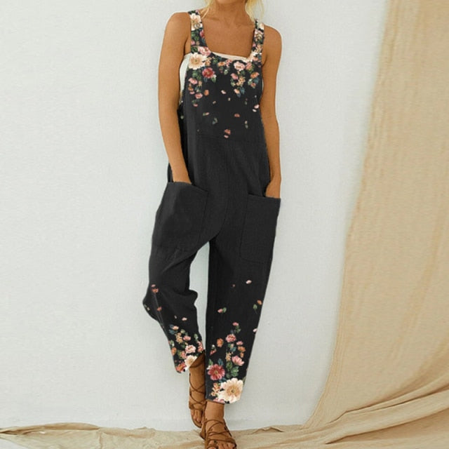 Retro Abstract Pattern Printed Cotton Jumpsuit For Women