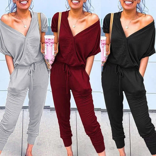 Women's V Neck Pockets Short Sleeve Bodysuits