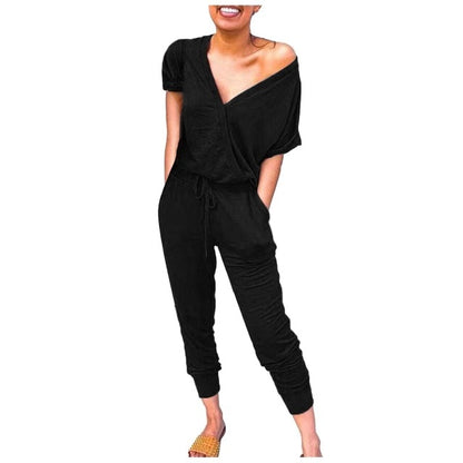 Women's V Neck Pockets Short Sleeve Bodysuits