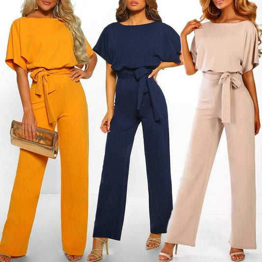 Women Short Sleeve Straight Leg Jumpsuit