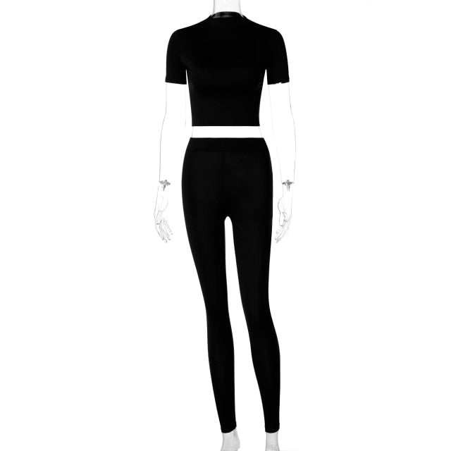 Two Piece Short Sleeve Gym Crops Top With Skinny Sporty Leggings