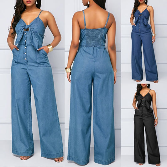 Women Denim Spaghetti Straps Jeans Wide Leg Playsuits