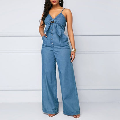 Women Denim Spaghetti Straps Jeans Wide Leg Playsuits