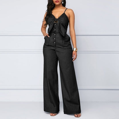 Women Denim Spaghetti Straps Jeans Wide Leg Playsuits