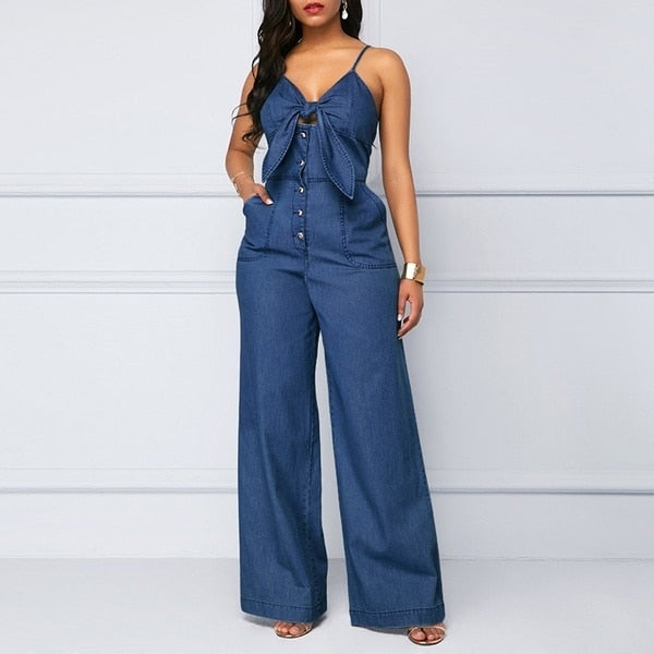 Women Denim Spaghetti Straps Jeans Wide Leg Playsuits