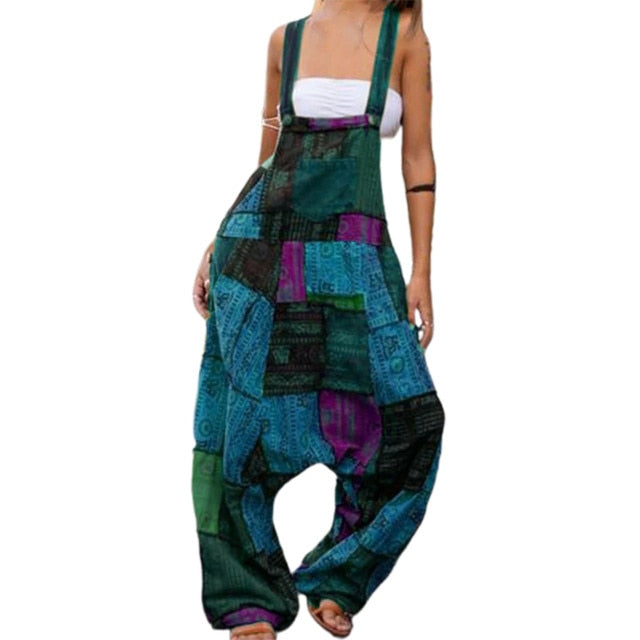 Backless Wide Leg Retro Print Dungarees Overalls