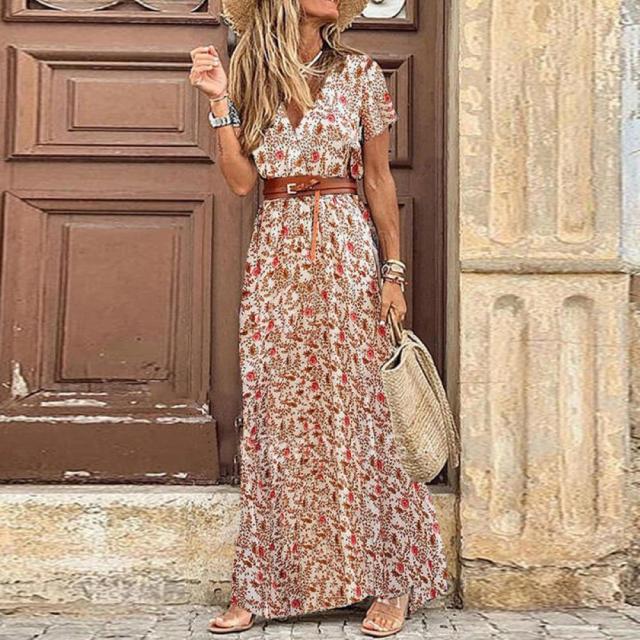 V Neck Short Sleeve Retro Print Beach Dress For Women