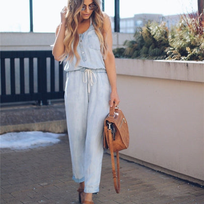 Women Sleeveless Loose Jeans Jumpsuit