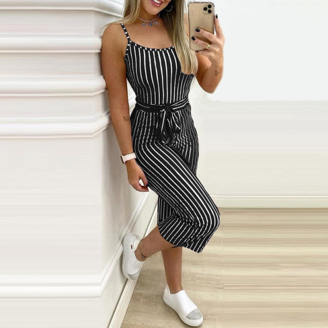 Casual Women Striped Sleeveless Lace-Up Jumpsuit