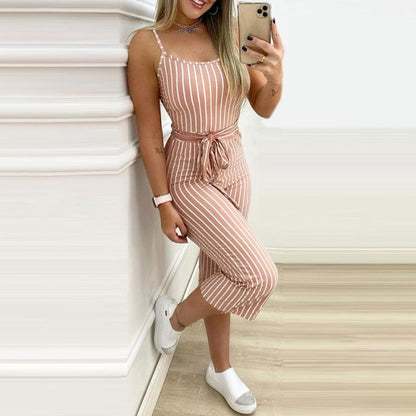 Casual Women Striped Sleeveless Lace-Up Jumpsuit