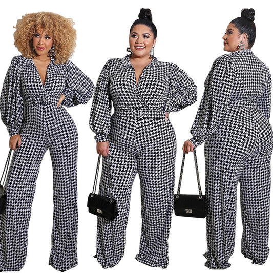 Plus Size Elegant Bird Lattice Straight Trouser Jumpsuit