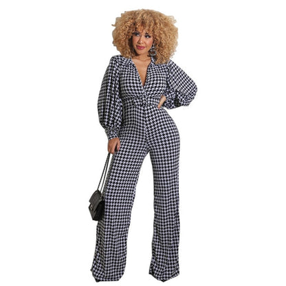 Plus Size Elegant Bird Lattice Straight Trouser Jumpsuit