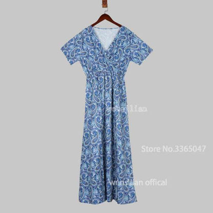 V Neck Short Sleeve Retro Print Beach Dress For Women