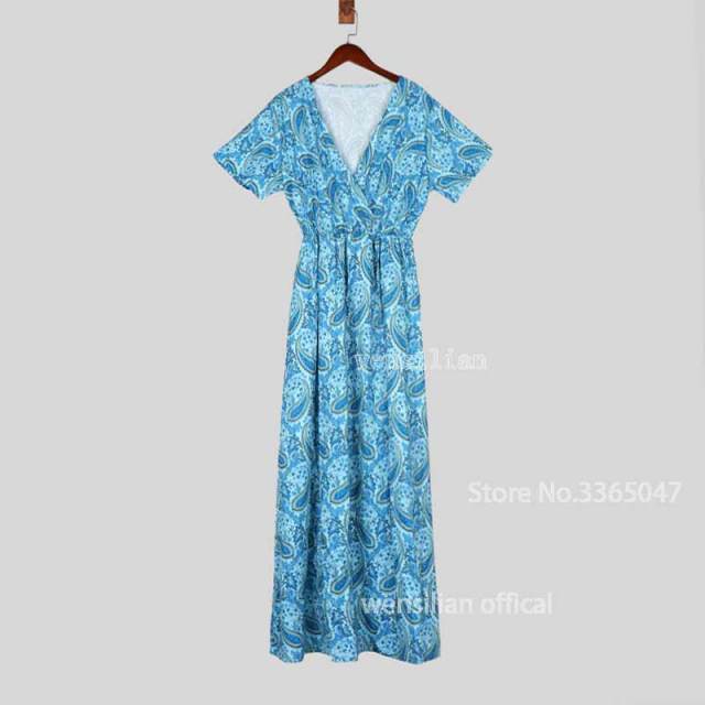 V Neck Short Sleeve Retro Print Beach Dress For Women