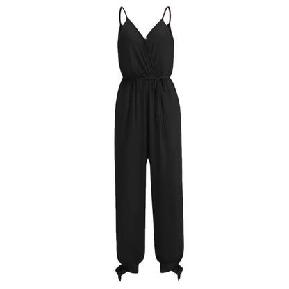 Backless Stakerope with Deep V-neck Suspendant Long Jumpsuits