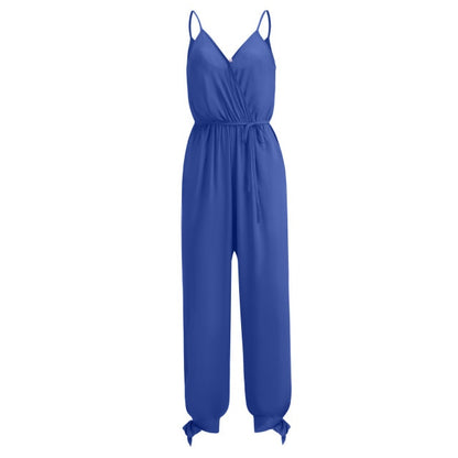 Backless Stakerope with Deep V-neck Suspendant Long Jumpsuits