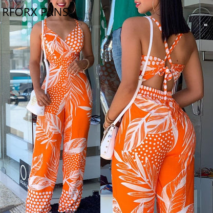 V Neck Cutout Tropical Print Spaghetti Strap Jumpsuit