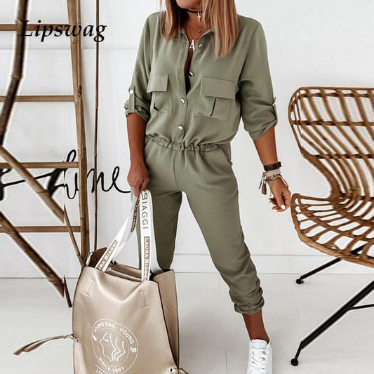 Solid Elastic Waist Turn-down Collar Button Jumpsuit