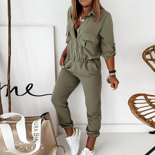 Solid Elastic Waist Turn-down Collar Button Jumpsuit