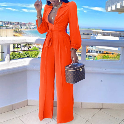 Women Long Sleeve Turn Down Collar Belt Wide Leg Jumpsuits