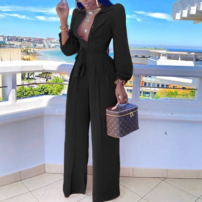 Women Long Sleeve Turn Down Collar Belt Wide Leg Jumpsuits