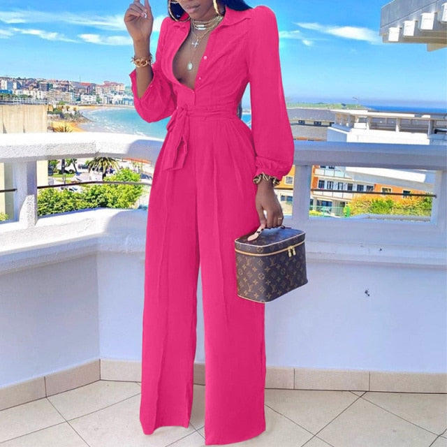 Women Long Sleeve Turn Down Collar Belt Wide Leg Jumpsuits