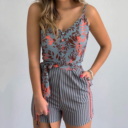 Women's Short Sleeve V-Neck Tropical Print Jumpsuit